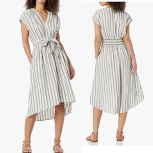 MAX STUDIO Olive Green Striped V-Neck Waist Tie Dress-M NWT!